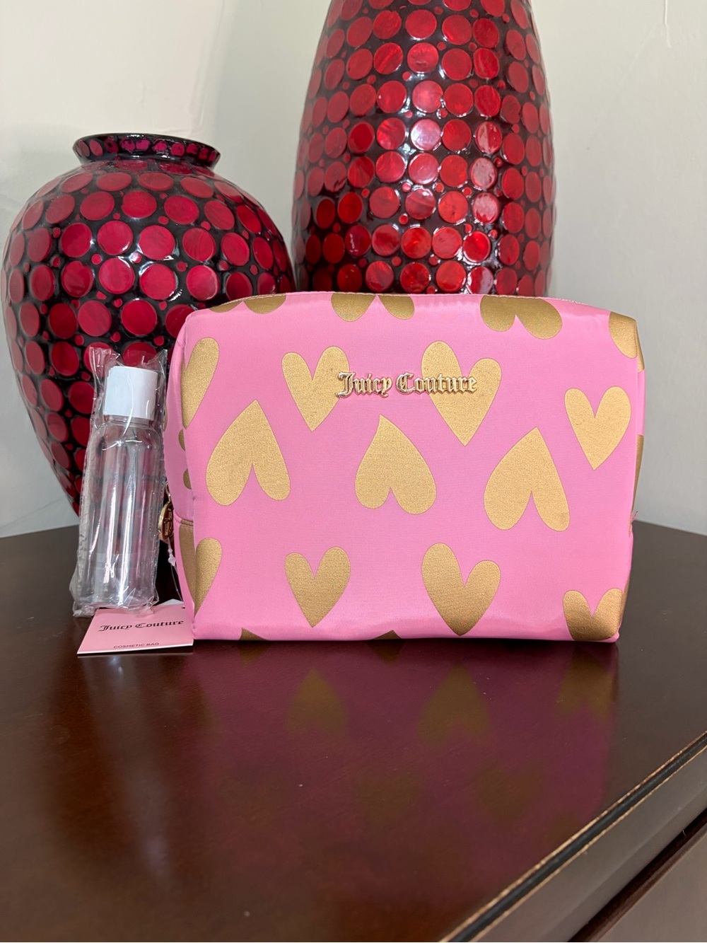 Juicy Couture Pink Large Cosmetic Bag with Gold Heart Motif and Travel Bottle